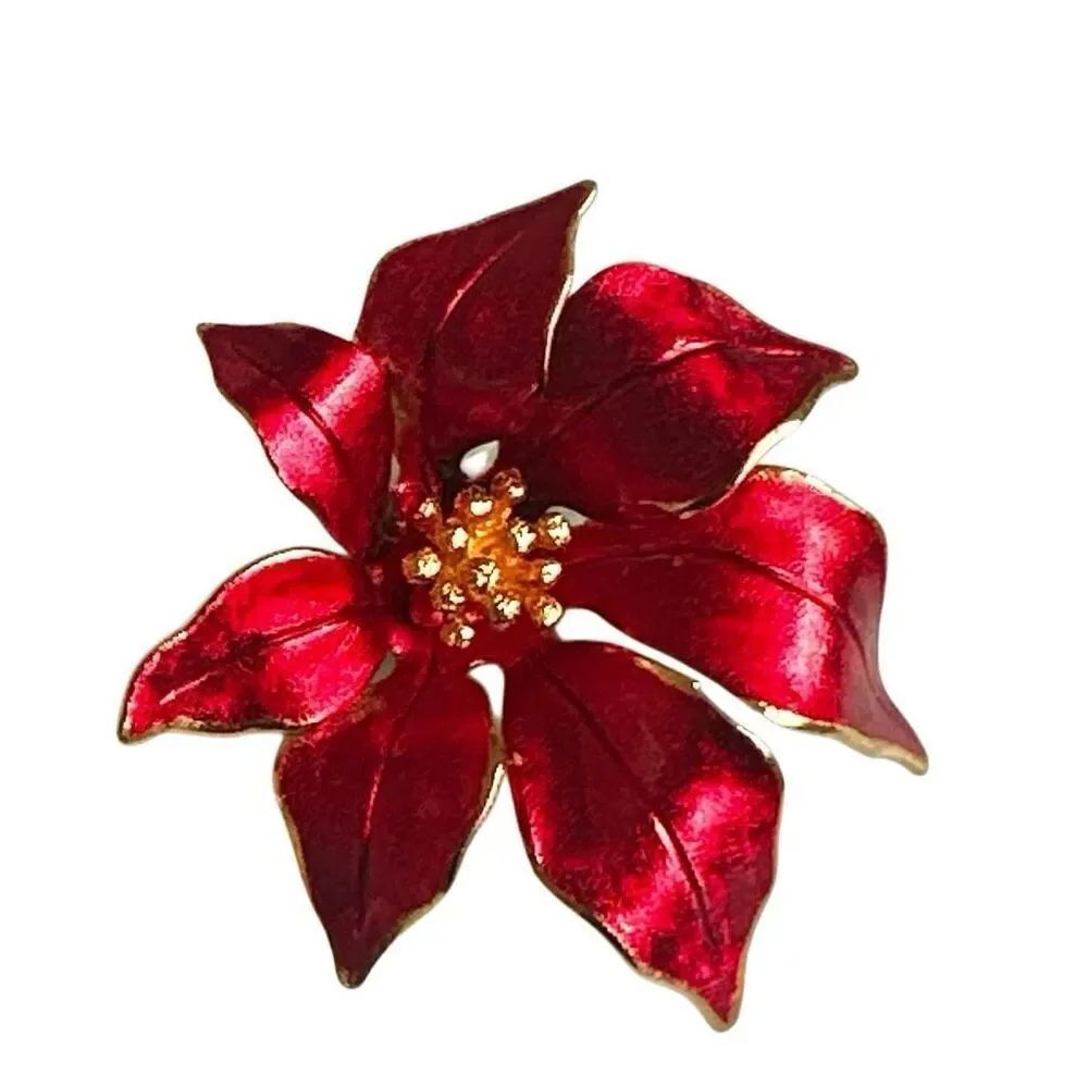 Cerrito Signed Red Poinsettia Enamel Rhinestone Brooch – Vintage Holiday Pin